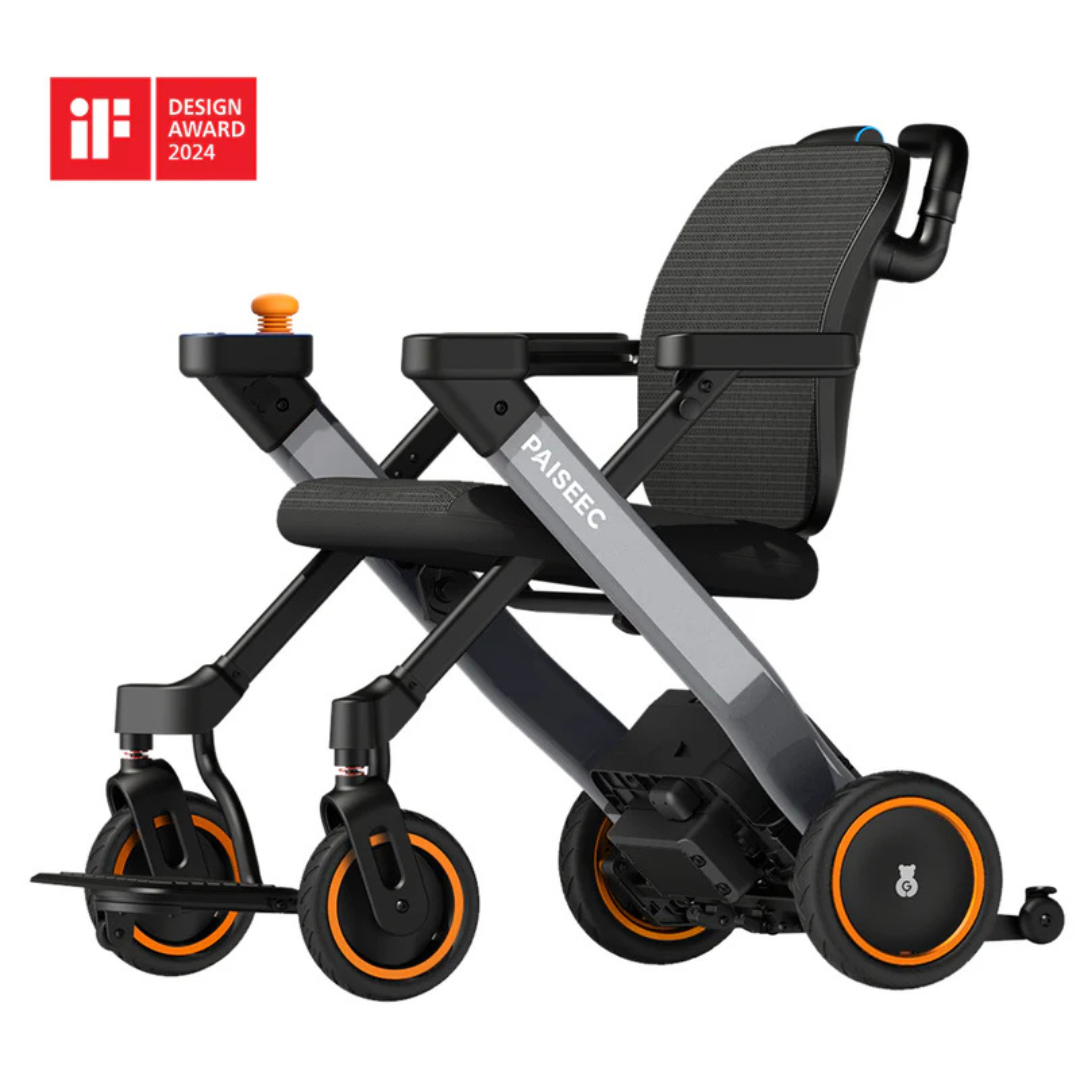The Paiseec W3 3-in-1 Ultralite Electric Wheelchair Rollator Combo is a sleek, modern transport chair with black and orange accents, featuring a visible joystick design. It proudly displays the iF Design Award 2024 red badge in the upper left corner.
